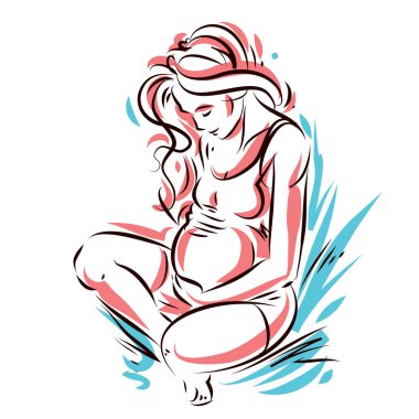 Hamile zarif kadın bekliyor bebek resmi çizilmiş vektör, eskiz. Sevgi ve tema okşamak.