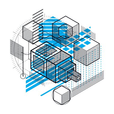 İzometrik hatları ile arka plan, illüstrasyon vektör. Küpleri, Altıgenler, kareler, dikdörtgenler ve farklı soyut öğeler ile yapılan şablonu.