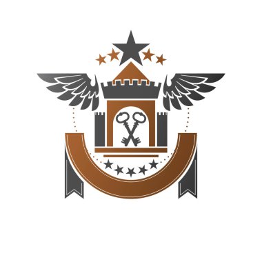 Eski Fort amblemi. Hanedan arması dekoratif logo vektör illüstrasyon izole. Beyaz arka plan üzerinde eski tarzı antika logo.