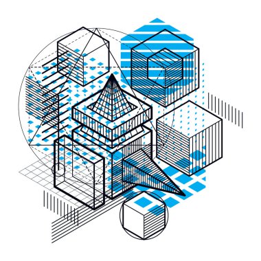 İzometrik doğrusal soyut vektör arka plan, çizgili soyutlama. Küpleri, Altıgenler, kareler, dikdörtgenler ve farklı soyut öğeler.