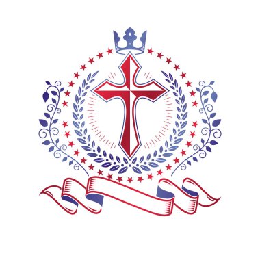 İmparatorluk tacı, çiçek süsü ve Hıristiyan çarmıhı kullanılarak yapılmış çapraz Dini Grafik amblemi. Hanedan arması, güzel kurdeleyle dekore edilmiş klasik vektör logosu..