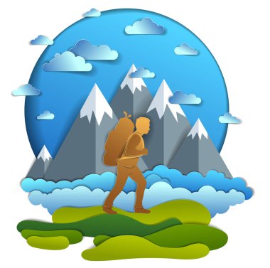 Uzun yürüyüşe çıkan kimse adam otlaklar arka planda yüksek dağ zirveleri ile yürürken. Vektör doğal doğa illüstrasyon yürüyüş adamla sırt çantası taşıyan dağcı. Yaz tatillerini.  