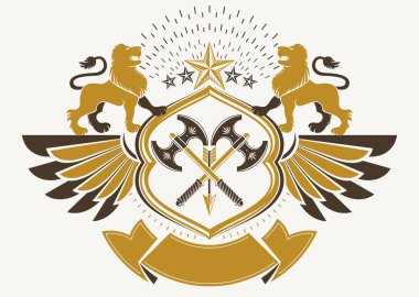 Hanedan arması dekoratif amblemi, vahşi aslan, pentagonal yıldız ve çaydanlık kullanılarak oluşturulan izole vektör çizim kanatlı.