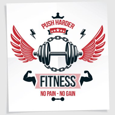 Ağır yük kaldırma şampiyonası reklam afişi. Disk ağırlıklı dambıl ve çaydanlık çanı spor ekipmanlarıyla kas atleti kolunun vektör bileşimi. Acı yok, kazanç yazısı yok..