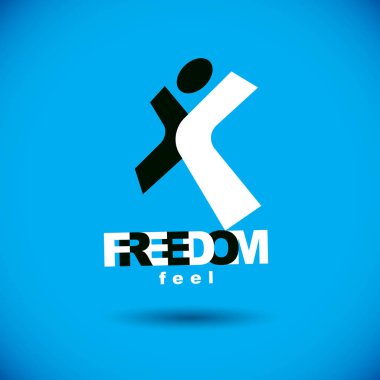 Heyecanlı soyut kişi kaldırdı elleriyle vektör Illustration. Başarılı iş kariyer amblemi. Kurumsal Gelişim logo. Özgürlük yaratıcı simgesi.