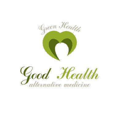 Yeşil yapraklardan oluşmuş vektör kalp şekli. Tıbbi tedavi organizasyonlarında kullanılmak üzere sağlık kavramsal logosuna geri dönüş.