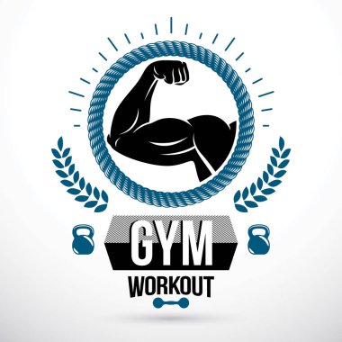 Vektör spor amblemi için kaslı atletik kol gösteren pazı kullanılarak yapılan halter spor salonu ve fitness kulübü.