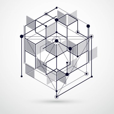 Modern soyut kübik kafes çizgilerinin siyah beyaz arka plan vektörü. Küpler, altıgenler, kareler, dikdörtgenler ve farklı soyut elementlerin yerleşimi. Soyut teknik 3B arkaplan.