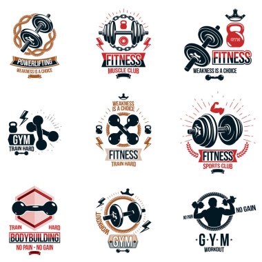 Vektör fitness ve atletizm Tema sembolleri ve motivasyonel posterler koleksiyonu dambıl kullanarak oluşan, ekipman ve vücut geliştirmeci vücut şekilleri su ısıtıcısı çan spor.