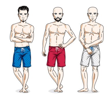 Mutlu adamlar, atletik vücut ile ayakta giyen plaj şort. Vektör farklı insanlar karakter kümesi. Yaşam tarzı tema erkek karakterler.
