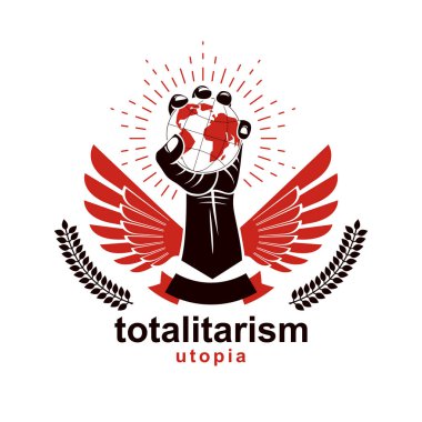 Yükseltilmiş kolu dünya Küre, vektör logo tutar. Propaganda aracı olarak küresel ideoloji empoze, bilgi dağıtımını yöntemi.