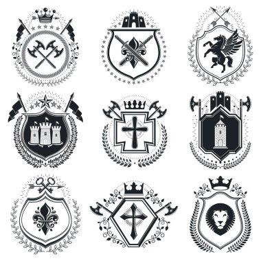 Vintage award designs, vintage heraldic Coat of Arms. Vector emblems. Vintage design elements collection. clipart