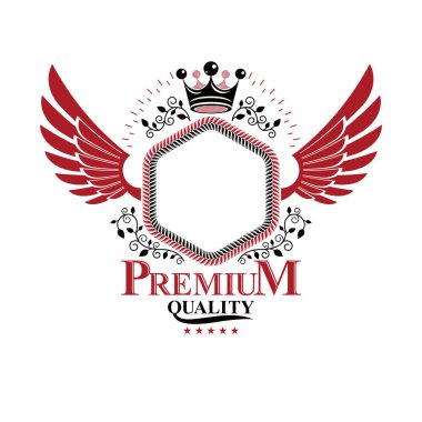 Grafik royal crown öğe ve çiçek desenli ile oluşan sembolü kanatlı. Hanedan arması izole dekoratif logo vektör çizim.