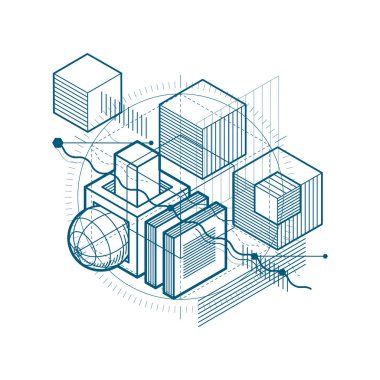 3B şekiller kompozisyon soyut, izometrik arka plan vektör. Kompozisyon küpleri, Altıgenler, kareler, dikdörtgenler ve farklı soyut öğeler.