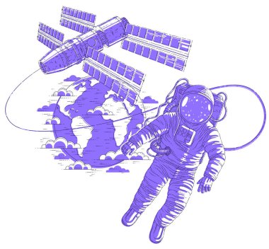 Astronot uzay istasyonu ve dünya gezegen arka planda, hafiflik ve ISS uzay aracı arkasında güneş panelleri ile yüzen spaceman bağlı açık uzaya çıktı. Vektör.