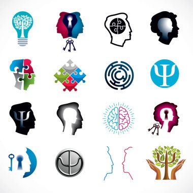 Psychology, human brain, psychoanalysis and psychotherapy, relationship and gender problems, personality and individuality, cerebral neurology, mental health. Vector icons or logos set. clipart