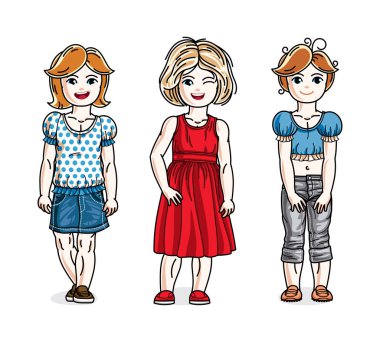 Moda rahat kıyafetlerle poz güzel mutlu küçük kızlar. Vektör çocuklar illüstrasyonlar set. Çocukluğu ve ailesi yaşam tarzı çizgi film.