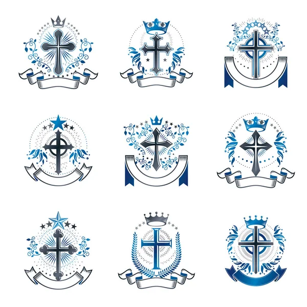 Conjunto Emblemas Christian Crosses Escudo Heráldico Logotipos Decorativos Vector Aislado — Vector de stock