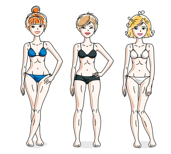 Giovani Belle Donne Posa Bikini Colorato Insieme Vettoriale Belle Illustrazioni — Vettoriale Stock