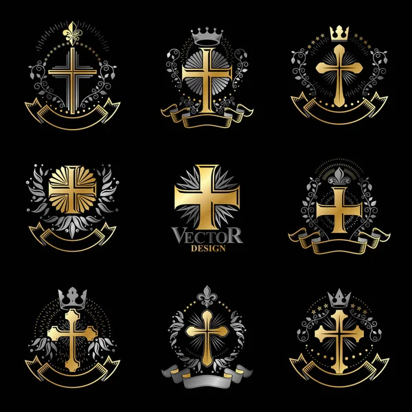 Символи Християнських Хрестів Встановлені Геральдичний Герб Орнаментальних Логотипів Ізольований Векторний — стоковий вектор