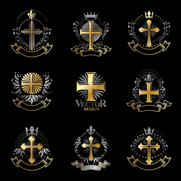 Conjunto Emblemas Christian Crosses Escudo Heráldico Logotipos Decorativos Vector Aislado — Vector de stock