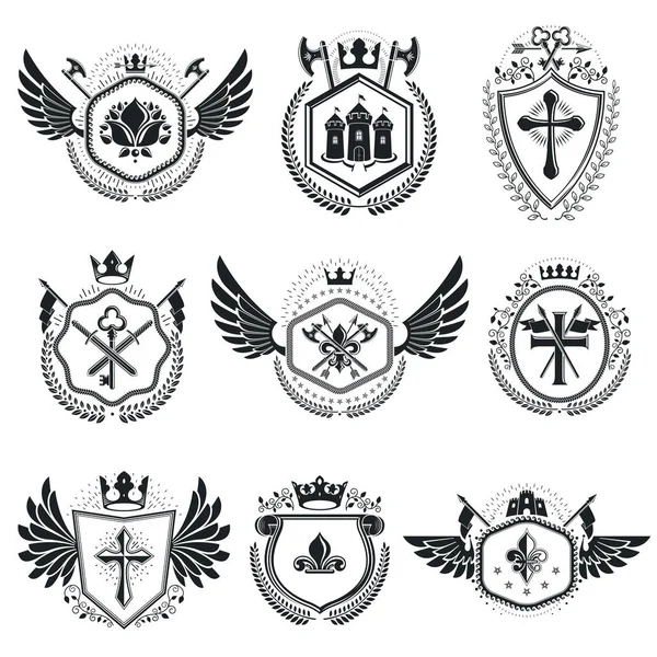 Heraldische Emblemen Geïsoleerd Vectorillustraties Inzameling Van Symbolen Vintage Stijl — Stockvector