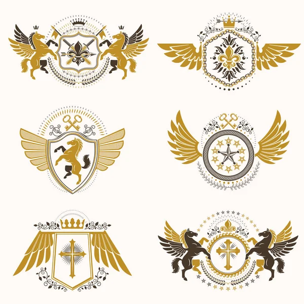 Vintage Emblemas Vectoriales Heráldicos Decorativos Compuestos Por Elementos Como Alas — Archivo Imágenes Vectoriales