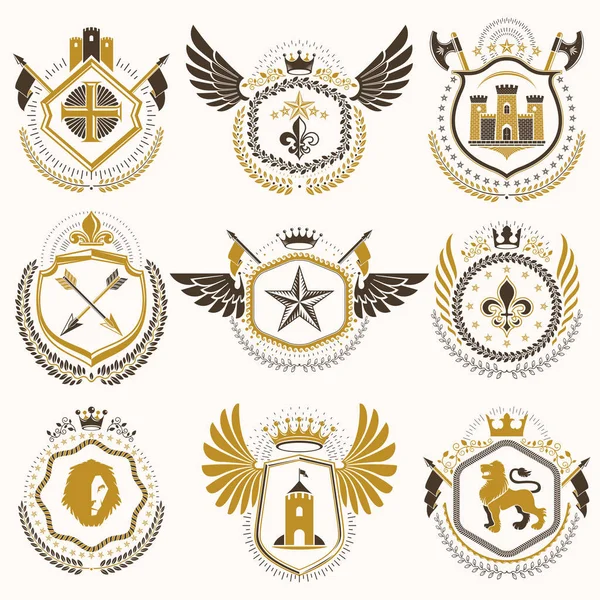 Heraldic Emblems Wings Isolated White Backdrop Collection Vector Symbols Vintage — Stock Vector
