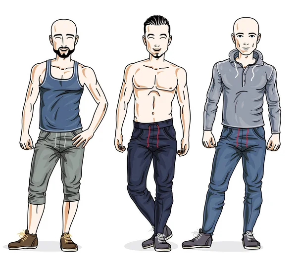 Šťastný Muži Skupina Stojící Stylovém Oblečení Vektorové Ilustrace Rozdílní Lidé — Stockový vektor