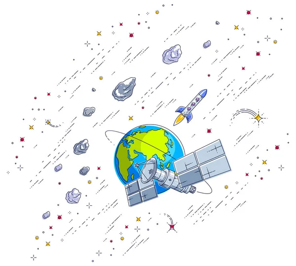 Kommunikationssatelliten Fliegen Orbit Die Erde Raumfahrzeuge Raumstation Mit Sonnenkollektoren Und — Stockvektor