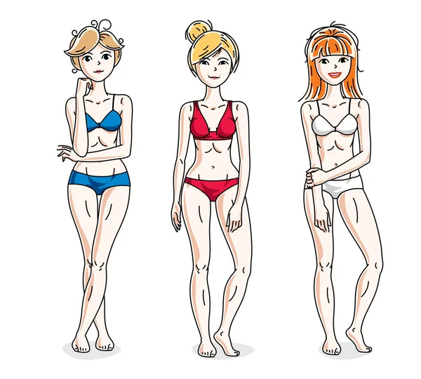 Feliz Mujeres Jóvenes Atractivas Pie Bikini Colorido Vector Personas Ilustraciones — Archivo Imágenes Vectoriales