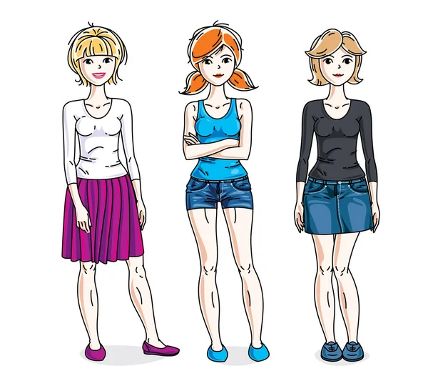 Šťastné Krásné Mladé Ženy Stojící Nosí Ležérní Oblečení Vektorové Sada — Stockový vektor