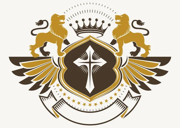 纹章徽章装饰徽章被隔绝的向量例证与野生狮子 宗教十字架和皇家冠 — 图库矢量图片