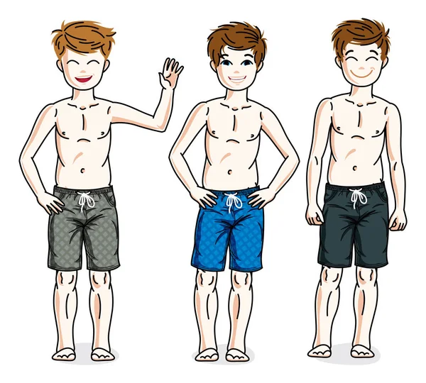 男の子ファッショナブルなビーチのショート パンツを着て立っています ベクトルの多様性の子供イラスト セット — ストックベクタ