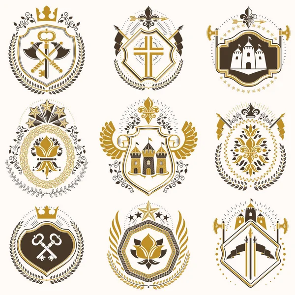 豪華な紋章ベクトルテンプレートのセット グラフィック要素 王室冠 中世の城 軍と宗教的なクロスを使用して作られたベクトル象徴的なブレゾンのコレクション — ストックベクタ