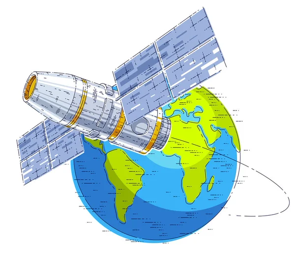 空间站环绕地球飞行的轨道空间飞行 宇宙飞船与太阳能电池板 人造卫星一起出毛病 细线3D矢量图解 — 图库矢量图片