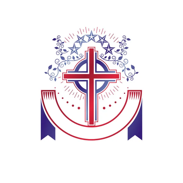 Cruz Religioso Emblema Vintage Criado Usando Estrela Pentagonal Ornamento Floral —  Vetores de Stock