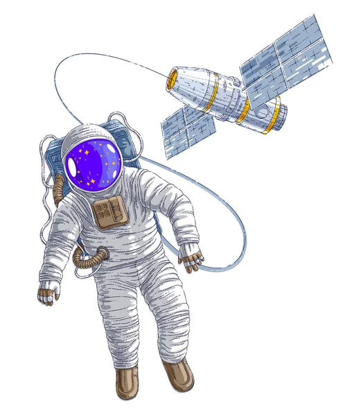 Astronaut Uitging Open Ruimte Aangesloten Ruimtestation Spaceman Drijvend Gewichtloosheid Iss — Stockvector