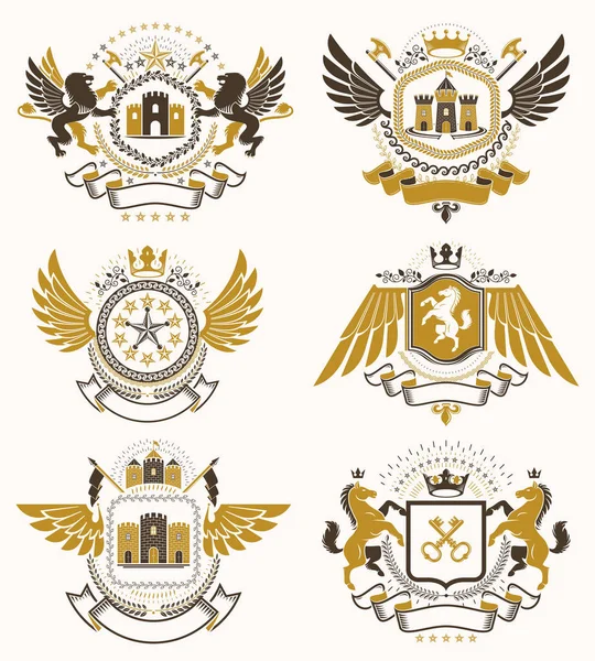 Conjunto Emblemas Vectoriales Vintage Creados Con Elementos Decorativos Como Coronas — Archivo Imágenes Vectoriales