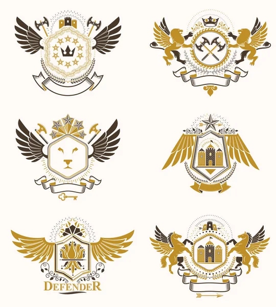 Plantillas Diseño Heráldica Vintage Emblemas Vectoriales Creados Con Alas Aves — Vector de stock
