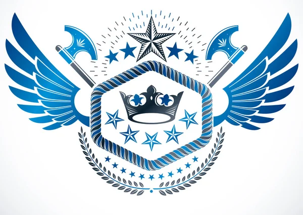 复古奖设计 有翅膀的纹章徽章 使用皇冠 星星和古老的斧头创造的矢量会徽 — 图库矢量图片