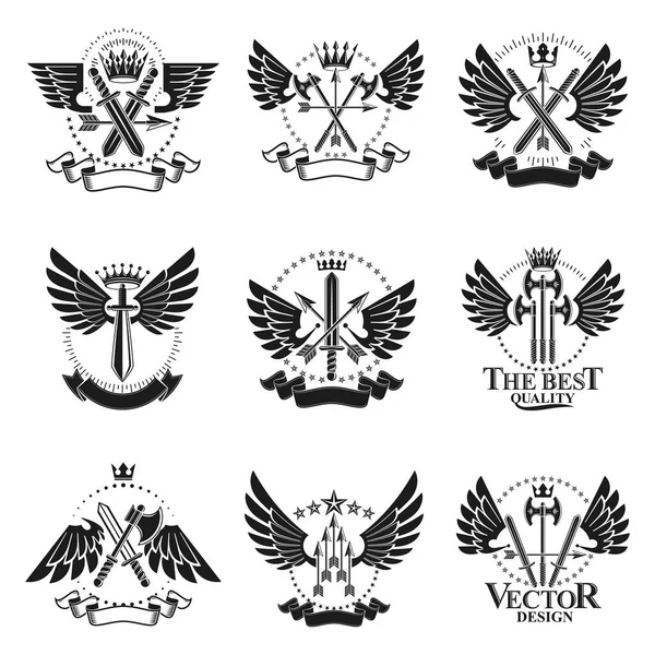 Набір Емблем Старовинної Зброї Геральдичний Герб Декоративні Емблеми Ізольовані Векторні — стоковий вектор