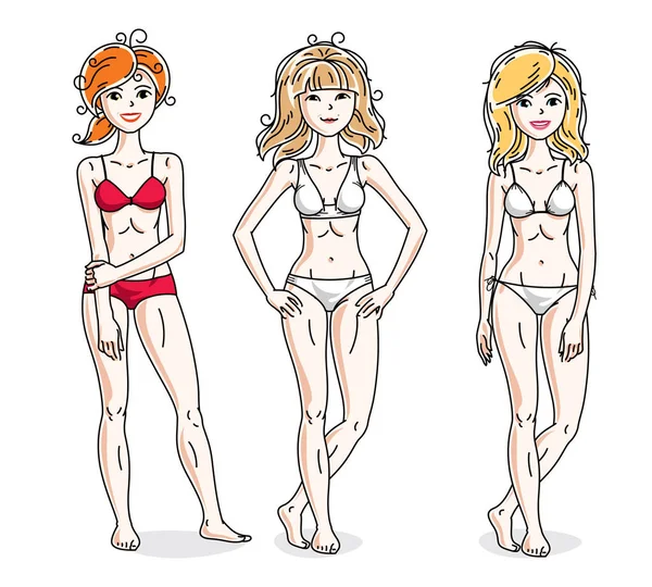 Feliz Mujeres Jóvenes Atractivas Pie Bikini Colorido Vector Personas Ilustraciones — Archivo Imágenes Vectoriales