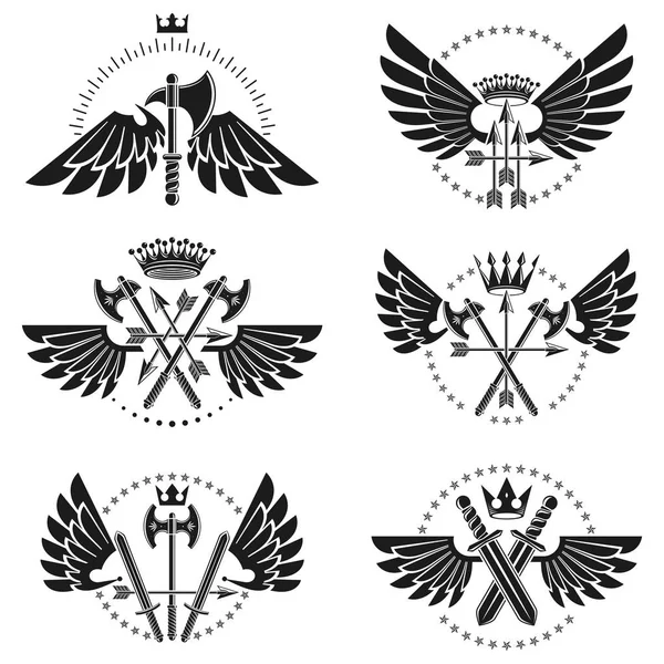 Conjunto Emblemas Armas Vintage Colección Emblemas Decorativos Escudo Armas Heráldico — Archivo Imágenes Vectoriales