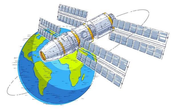 空间站飞行轨道飞行在地球附近 航天器宇宙飞船与太阳能电池板 人造卫星 细线3D 矢量图 — 图库矢量图片