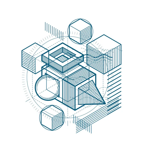 Isometrische Abstraktion Mit Linien Und Verschiedenen Elementen Vektorabstrakter Hintergrund Komposition — Stockvektor