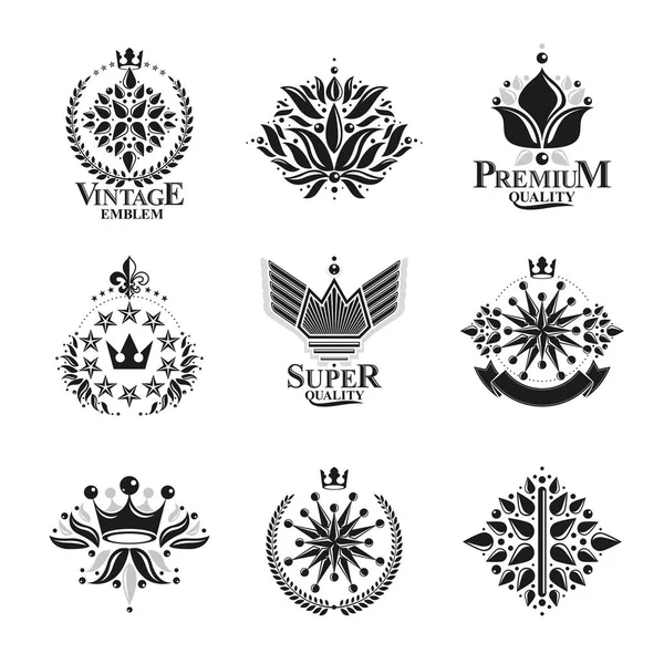 Royal Symbole Kwiaty Kwiatowy Korony Zestaw Emblematów Wektor Godło Projektowania — Wektor stockowy