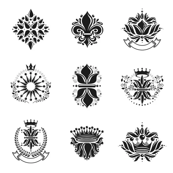 Fleurs Symboles Royaux Fleurs Couronnes Emblèmes Sertis Armoiries Héraldiques Logos — Image vectorielle
