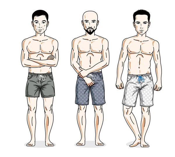 Handsome Men Group Standing Perfect Body Wearing Beach Shorts Vector — Stock Vector