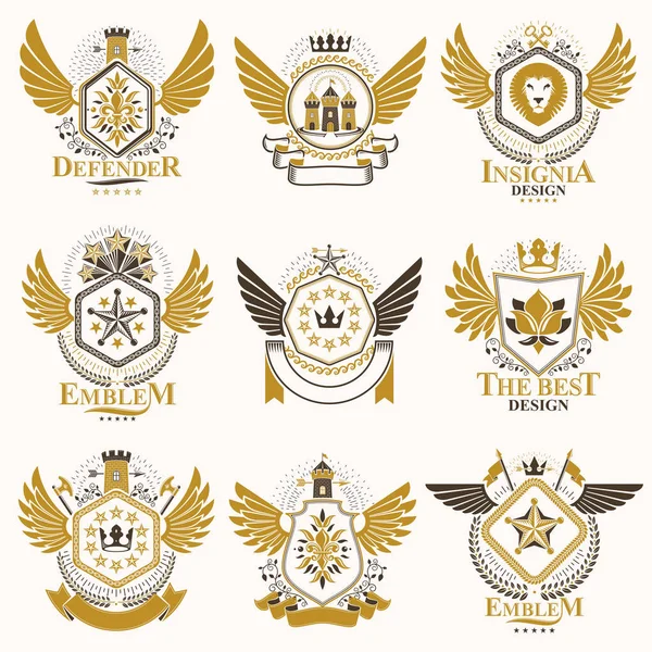 Collection Vector Heraldic Decorative Coat Arms Isolated White Created Using — Stock Vector